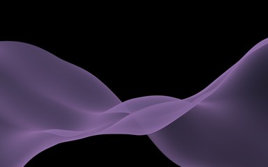Abstract purple wave. Raster air background. Bright purple ribbon on dark background. Purple scarf. Abstract smoke. 3d illustration