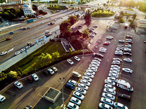 Istanbul, Turkey - February 23, 2018: Aerial Drone View of Kartal Soganlik Car Park E5 D100 Highway