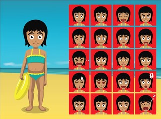 Summer Beach Girl Cartoon Emotion faces Vector Illustration