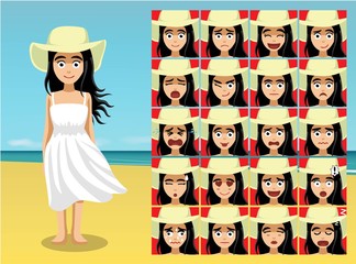Summer Beach Big Hat Woman Cartoon Emotion faces Vector Illustration
