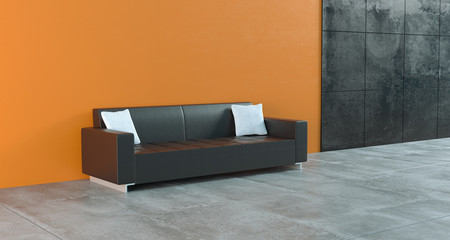 High Contrast Empty Room With Orange And Dark Concrete Walls And Black Leather Sofa Minimalistic Concept.3D Rendering