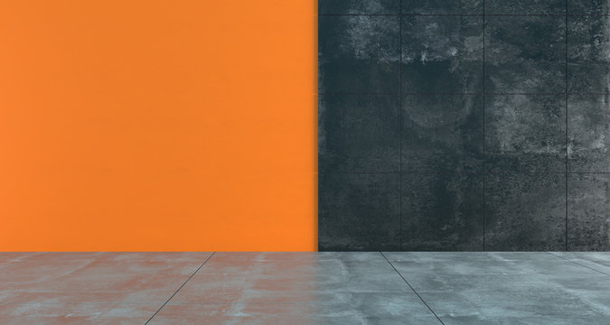 High Contrast Empty Room With Orange And Dark Concrete Walls Minimalistic Concept.3D Rendering