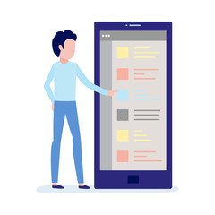 Using mobile application concept with young male character standing near big smartphone with touchscreen choosing item from list isolated on white background. Fat vector illustration.