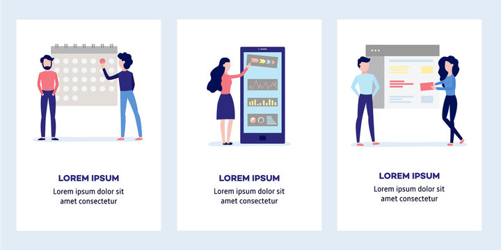Using and customizing application vertical banners set - mobile app with user-friendly interface concept. Isolated flat vector illustration of people performing custom settings.