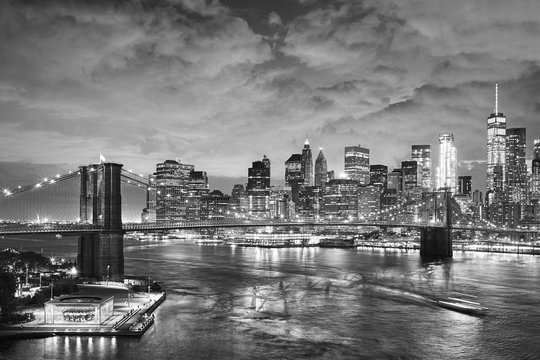 Black and white picture of New York cityscape at night, USA. © MaciejBledowski