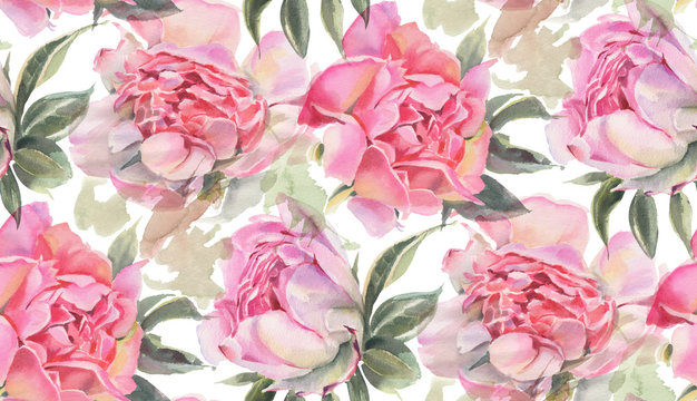 Seamless pattern with watercolor flowers.  Peonies