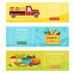 Farm products delivery posters, banners set. Farmer truck vehicle with vegetables transporting goods, wooden box with food and served saucers with prepared home meals. Vector illustration