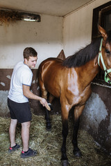 Young man taking good care on horse in stable