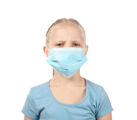 Little girl in protective mask on white background. Allergy concept