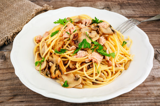 delicious pasta with tonno and mushrooms