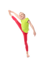 Little girl practicing yoga on white background