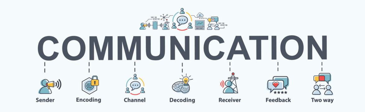 Communication banner web icon for business, sender, encoding, channel, decoding, receiver and feedback. Minimal vector infographic.