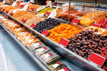 different dried fruits in the store