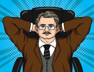 Vector comic style illustration of a boss sitting on chair in the office. Colorful portrait of a businessman in glasses relaxing