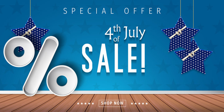 Banner for 4th of July Sale design. Independence day sale with 3d percent symbol. Vector illustration for business promotion.
