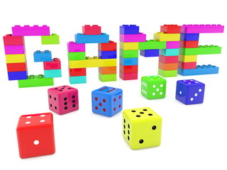 Game concept built from toy bricks with dice around