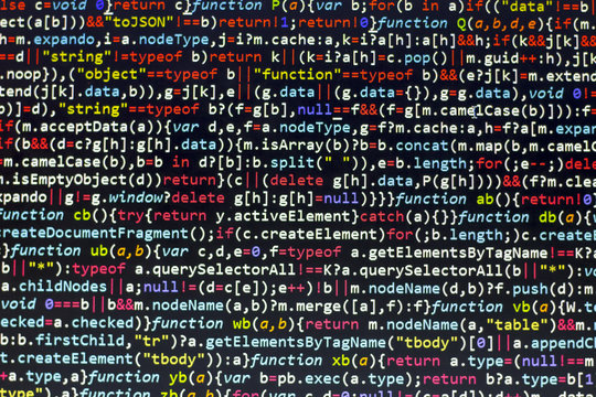 Javascript code. Computer programming source code. Abstract screen of web developer. Colorful digital technology modern background.