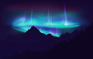 Beautiful Aurora Borealis northern lights in night sky over mountain. Vector illustration.