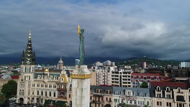 Aerial view. Flying over Medea monument in Batumi, Georgia.