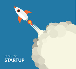 Startup illustration. Rocket in the clouds