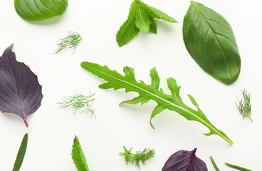 Composition with fresh herbs on white background