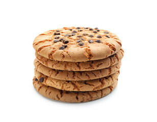 Stack of delicious cookies with chocolate chips on white background