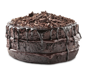 Delicious chocolate cake on white background