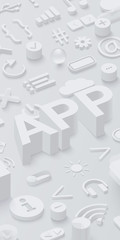 Grey 3d app background with web symbols.