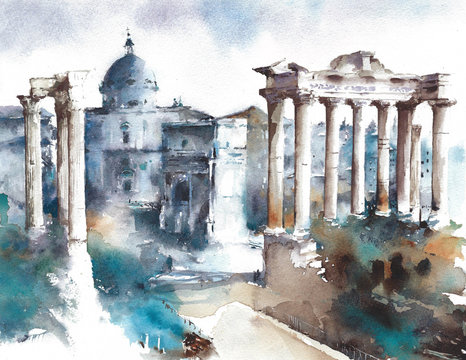 Italy Rome Landmark Forum Ancient Buildings Ruins Watercolor Painting Illustration Travel Destination