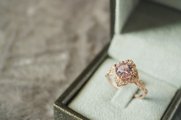 luxury vintage pink diamond ring in jewelry gift box