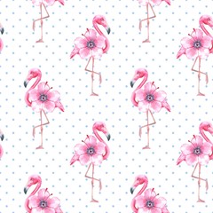 Tropical bird. Pink flamingo. Watercolor seamless pattern