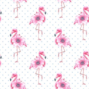 Tropical bird. Pink flamingo. Watercolor seamless pattern