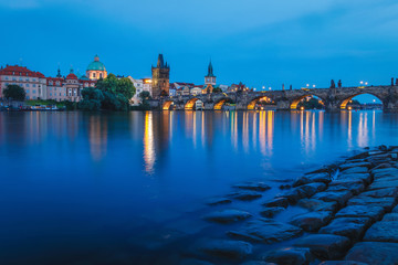 View of the River Vltava and Charles Bridge at Dusk Prague Czech Republic Europe