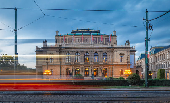 Rudolfinum music auditorium in Prague with a tram in motion, Czech Republic