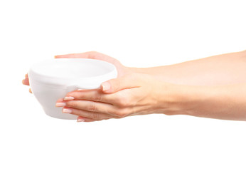 White soup plate in hand on white background isolation