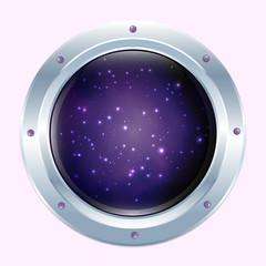 Round spaceship window with stars and dark cosmos behind. Pink wall. Stock vector © akini