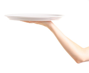 White dish empty in hand on white background isolation