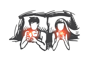 Couple, bed, smartphone, addicted concept. Hand drawn isolated vector.