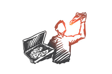 Pizza, man, dinner, food, Italian concept. Hand drawn isolated vector.