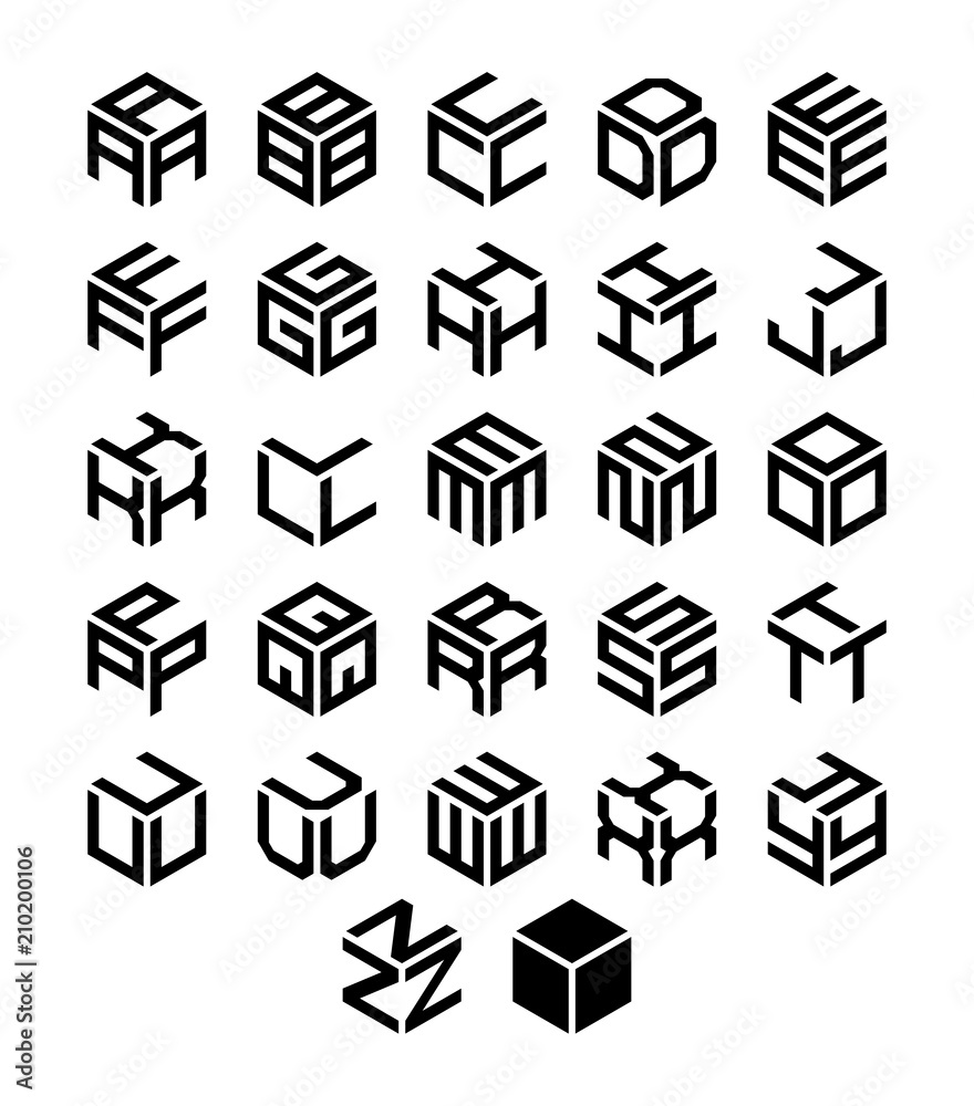 Poster cubic geometric alphabet set. vector isometric logos.