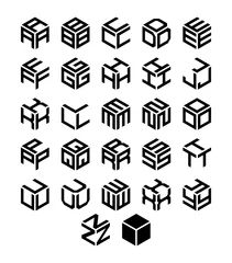 Poster Cubic geometric alphabet set. Vector isometric logos. © Rodin Anton
