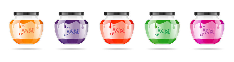 Realistic transparent glass jar with jam, confiture or sauce. Preserving packaging set. Label and logo for jam. Mock up jar with design label or badges. Vector illustrations.