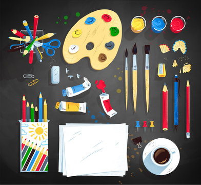 Top view vector illustration set of artist workplace 