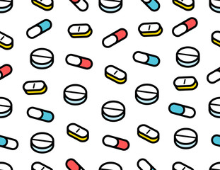 Seamless Pattern of Pills tablets in line style. isolated on white background 