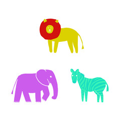 vector Doodle elephant, Zebra and lion 