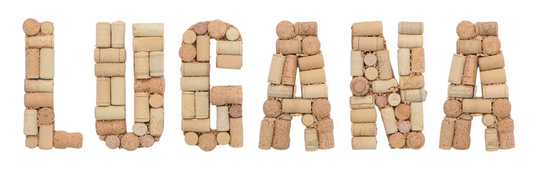 Word Lugana made of wine corks Isolated on white background