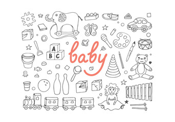 Set of sketches from different toys on white background. Hand drawn baby vector illustration. 