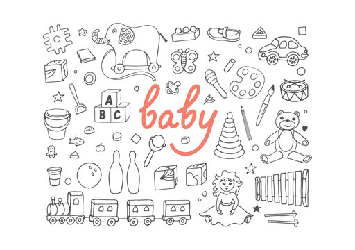 Set of sketches from different toys on white background. Hand drawn baby vector illustration. 