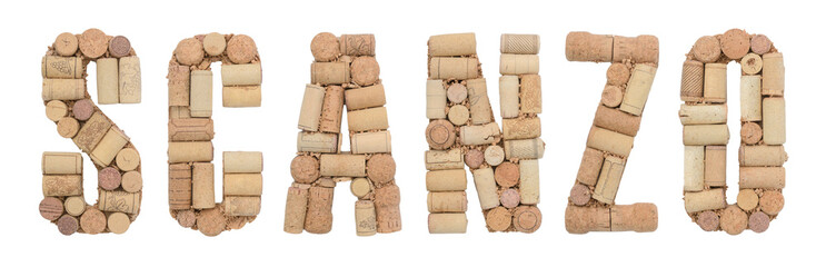 Word Scanzo made of wine corks Isolated on white background