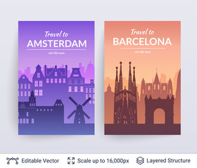 Amsterdam and Barcelona famous city scapes. - obrazy, fototapety, plakaty